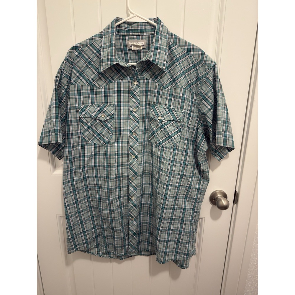 Wrangler Men's Green/Navy/White Plaid Pearl Snap Shirt Size XLT Western Style - Picture 1 of 5
